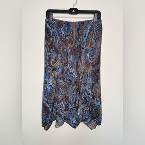 BIYAYCDA Y2K Retro Blue Brown Chiffon Paisley Handkerchief Midi Skirt - Small